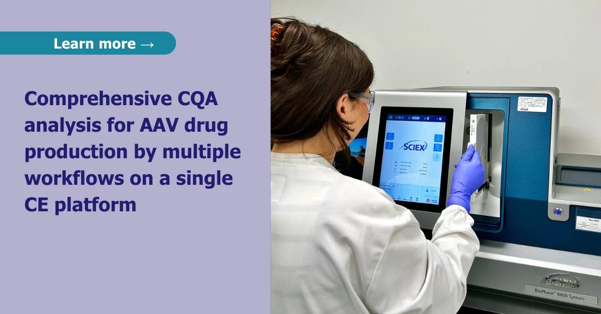Scientist operating SCIEX BioPhase 8800 system for CQA analysis in AAV drug production using multiple workflows on one CE platform.