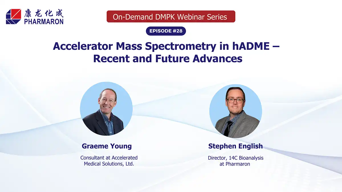 Pharmaron webinar banner for hADME studies on accelerator mass spectrometry, scheduled for July 30, 2025, with global time options.