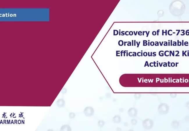 Pharmaron publication graphic with a maroon and white background. The left side has a blue label reading 'Publication' and the Pharmaron logo at the bottom. On the right, text reads 'Discovery of HC-7366: An Orally Bioavailable and Efficacious GCN2 Kinase Activator' above a maroon button labeled 'View Publication.' Background features faint molecular structures