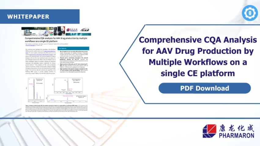 Whitepaper cover promoting comprehensive CQA analysis for AAV drug production using multiple workflows on one CE platform, with PDF download option.